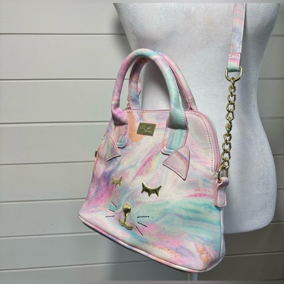 Luv Betsey  Satchel Crossbody Handbag Kitty Cat Face Pink Turquoise Purse - Picture 1 of 7
